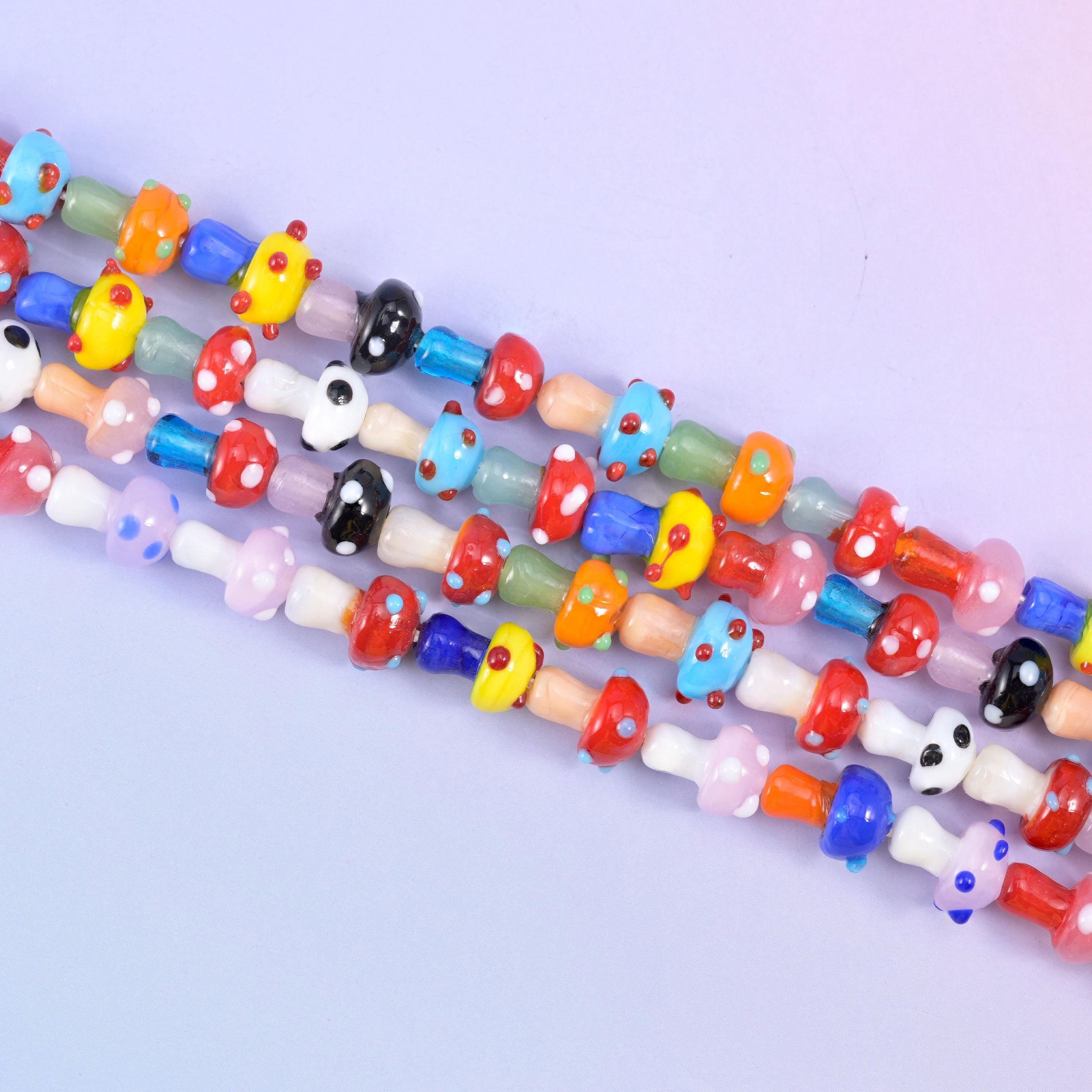 Multi-Color Dotted Mushroom Glass Beads on pastel pink, cream, green or blue stems