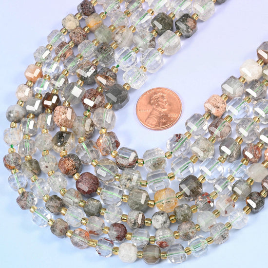 Faceted cube cut Green Phantom Quartz beads