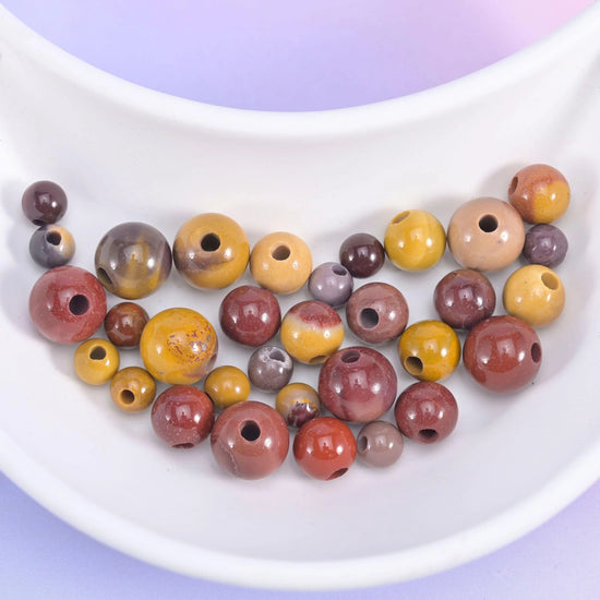 Mookaite Jasper Large Hole Round Beads 6mm 8mm 10mm in mustard yellow, ochre, plum burgundy, dusty rose and cream