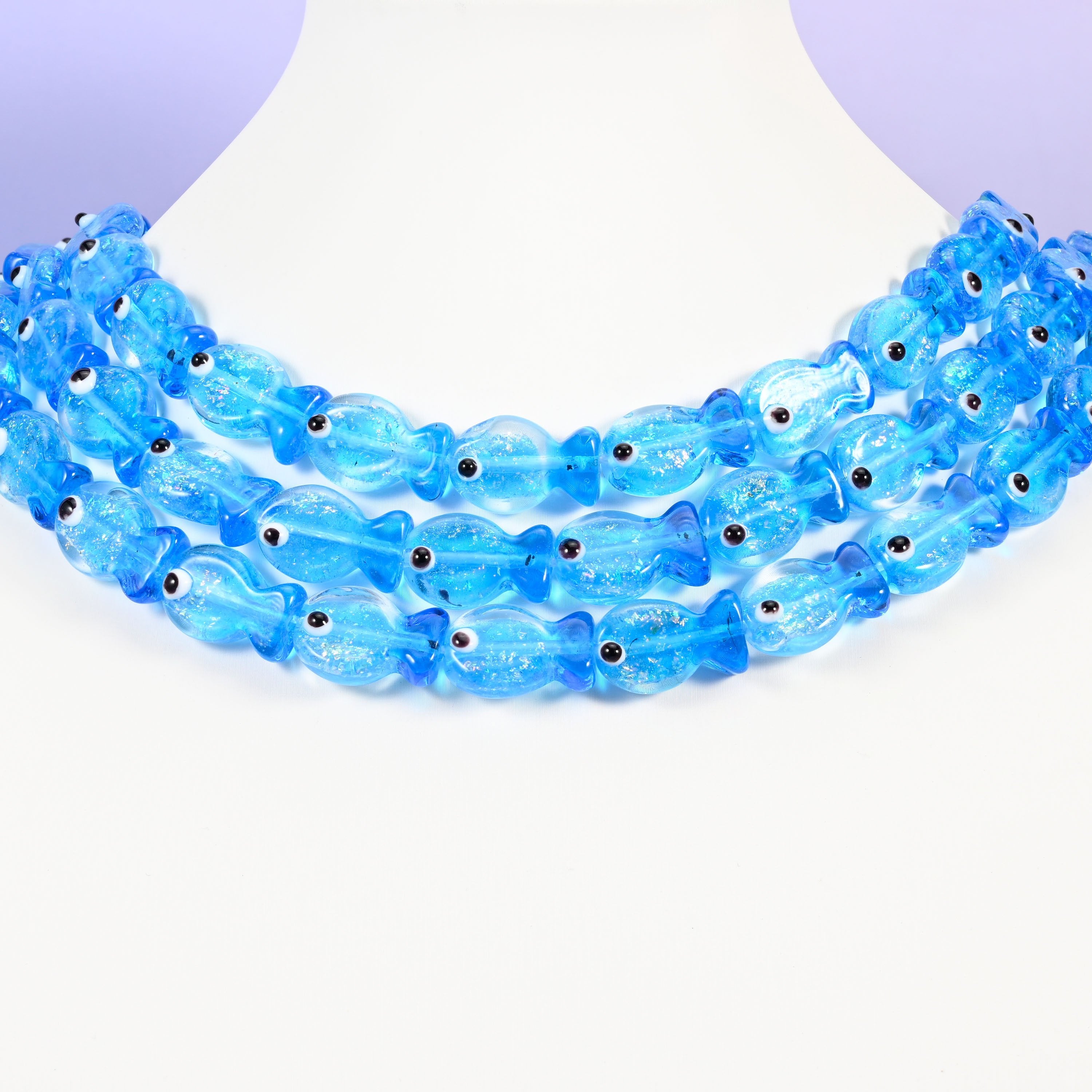 Blue glass fish beads, 19x12mm