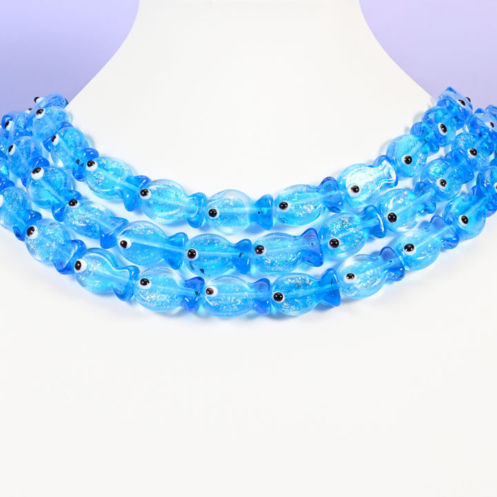 Blue glass fish beads, 19x12mm