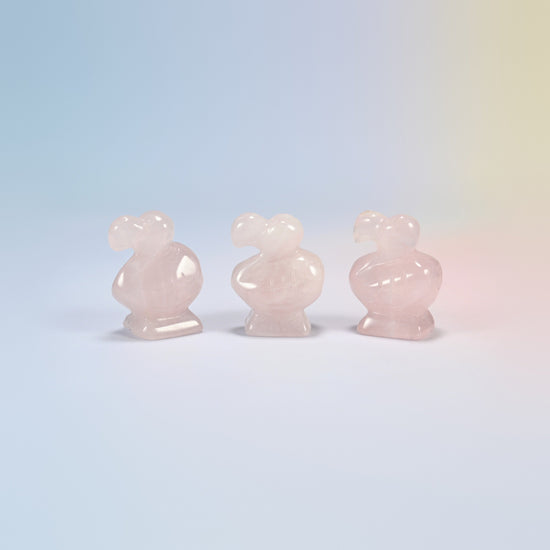 Three rose quartz dodo bird crystal carvings, 1.5 inch, light pink natural stone