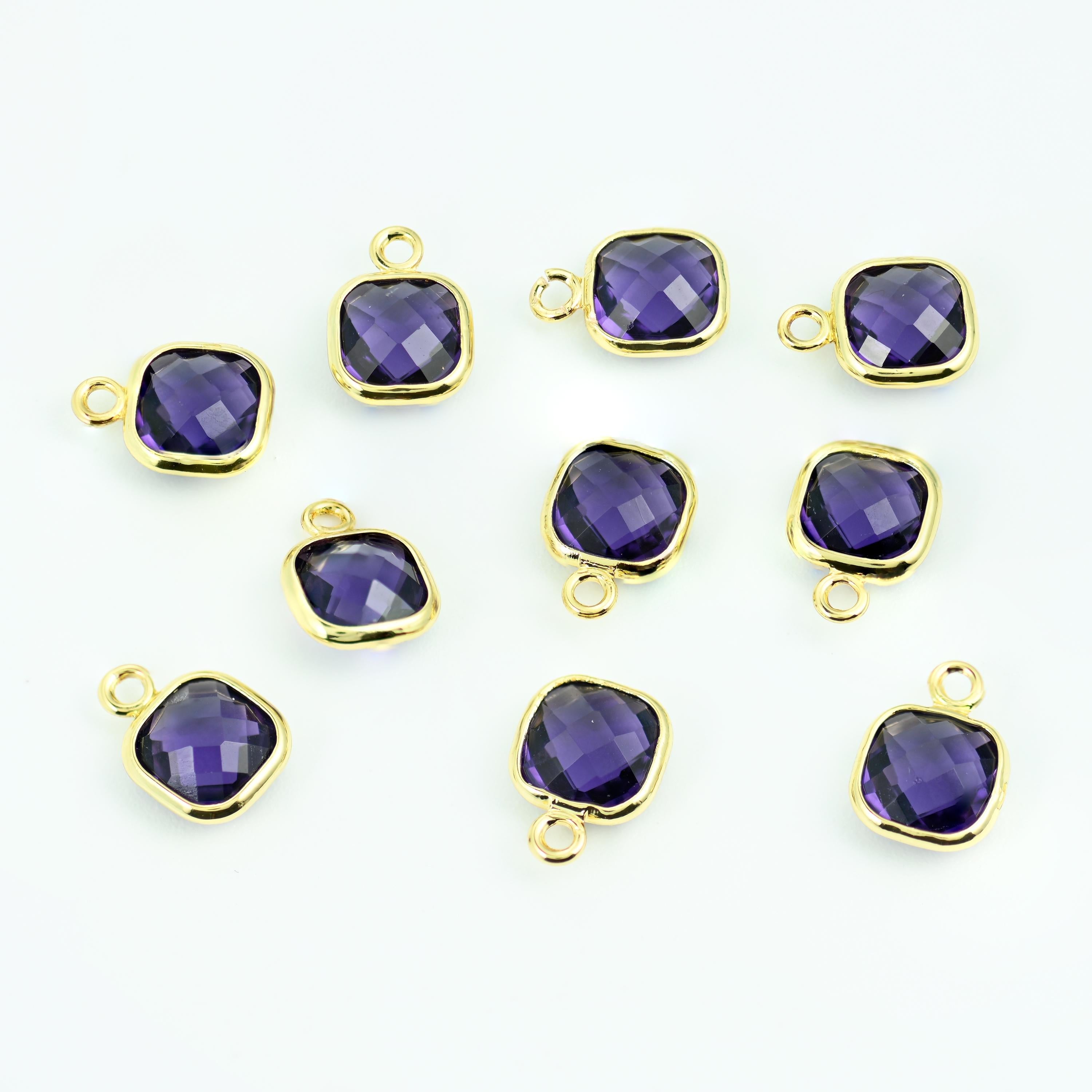 Brass, 18K Gold Filled, and Zircon — lead free and nickel free beads, faceted square cushion in a bezel setting, 9 x 7mm