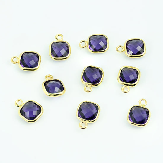 Brass, 18K Gold Filled, and Zircon — lead free and nickel free beads, faceted square cushion in a bezel setting, 9 x 7mm