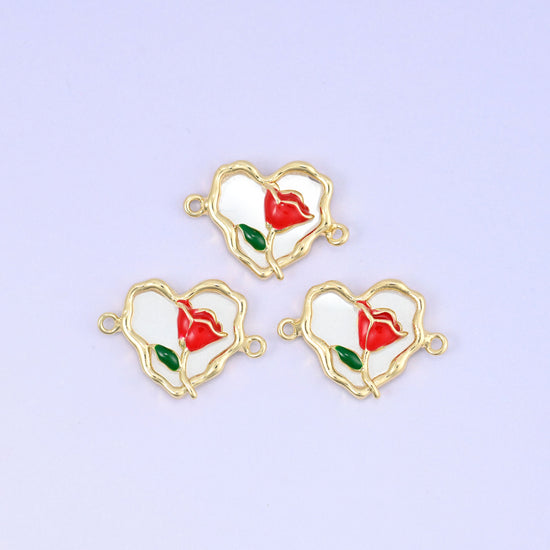 Scalloped heart pendant with red enamel rose, green leaf and white enamel back
