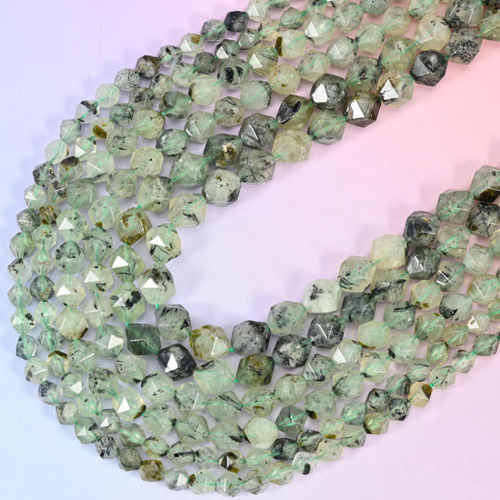 Green Prehnite Beads: Faceted Diamond Star Cut, 15.5 inch strand