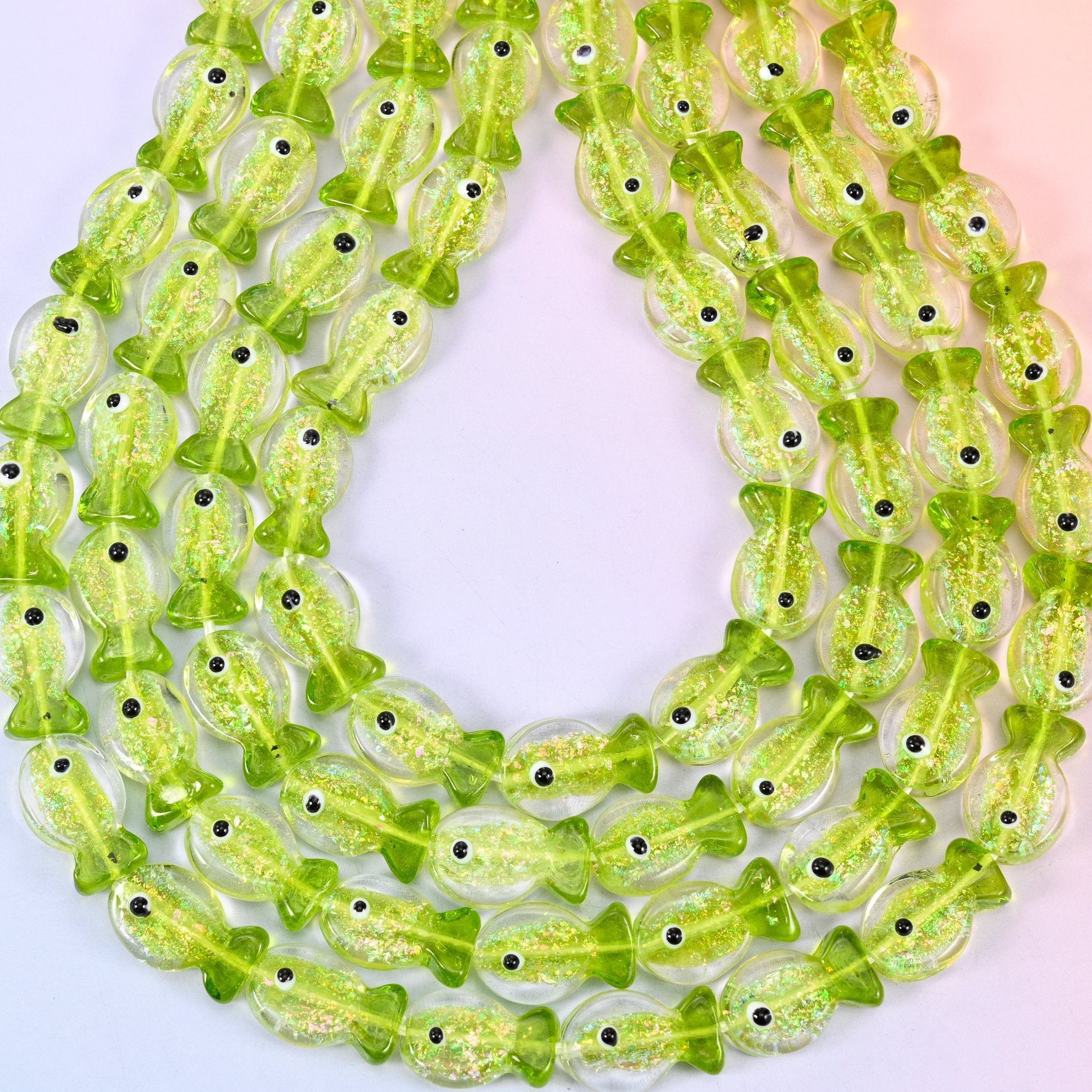 Iridescent Lime Green Fish Glass Beads, hole 1.2mm