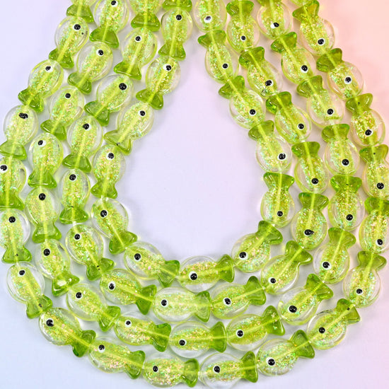Iridescent Lime Green Fish Glass Beads, hole 1.2mm