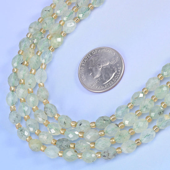 Light Green Prehnite Faceted Rice Barrel Beads in pale celadon with dark green inclusions