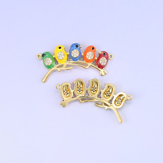 5 Birds on a Stick Double Connector Pendants with pave clear zircon breasts