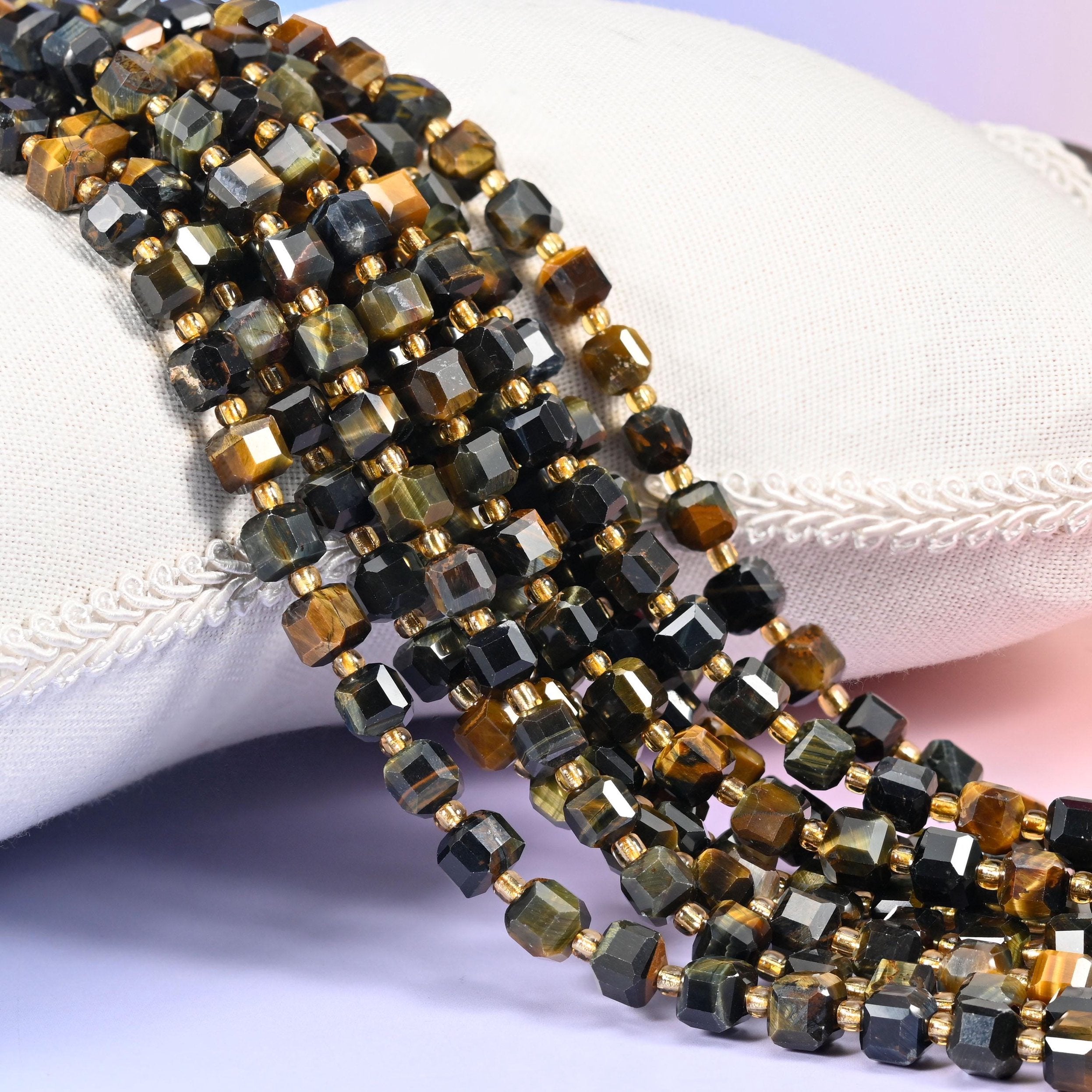 Iron Tiger Eye Faceted Cube Beads, natural stone with chatoyant banding