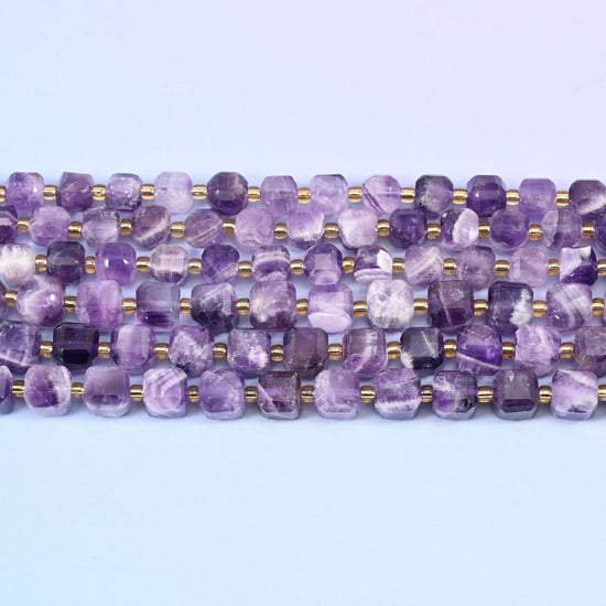 Chevron Amethyst Faceted Cube Beads 6mm 8mm in violet purple with milky white banding