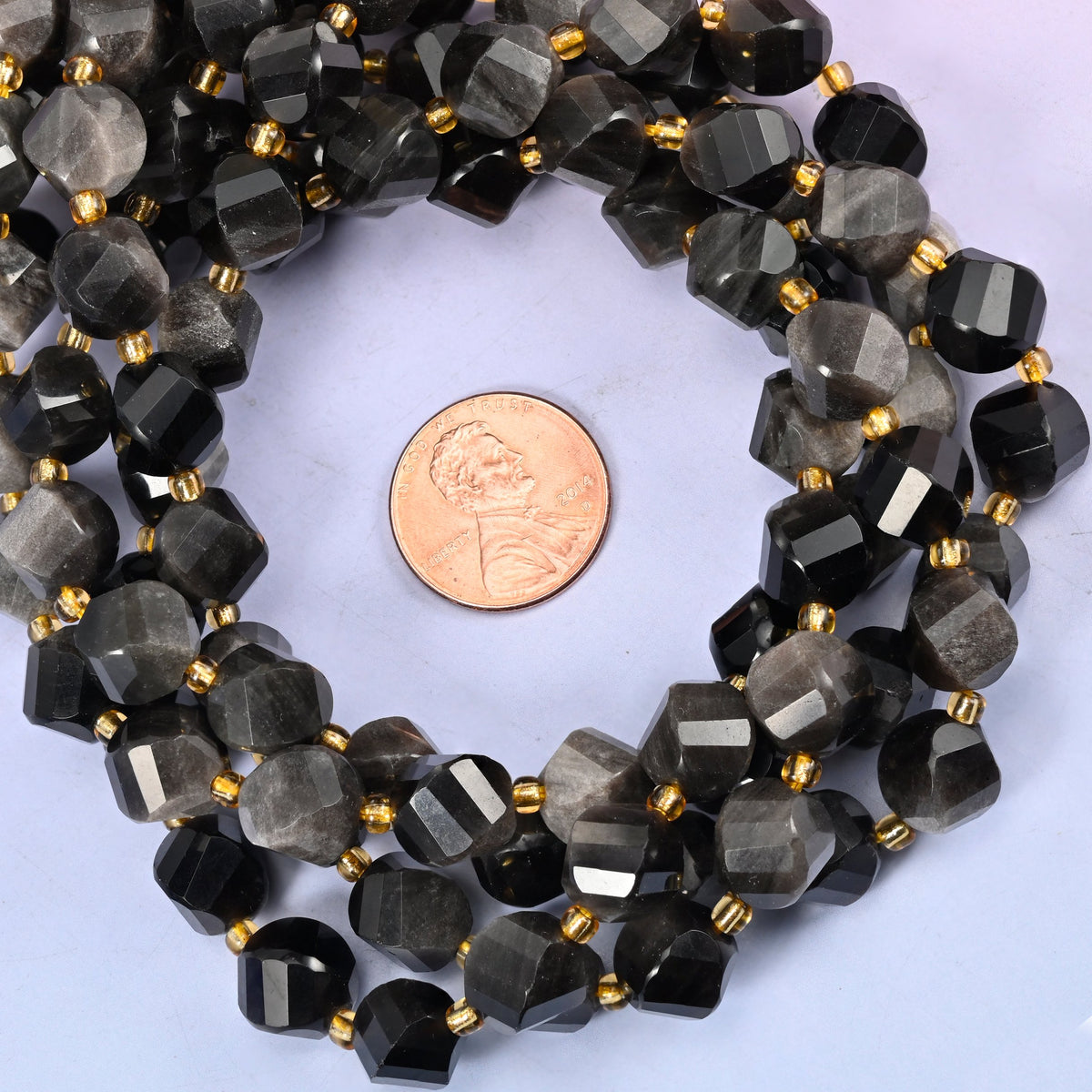 Silver Obsidian natural stone beads, 10mm spiral twist beads with colour variation from bead to bead