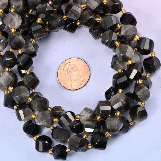 Silver Obsidian natural stone beads, 10mm spiral twist beads with colour variation from bead to bead