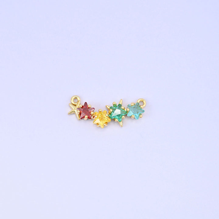 Multicolor 4 Stars Zirconia Connector Pendant, 18K gold plated brass