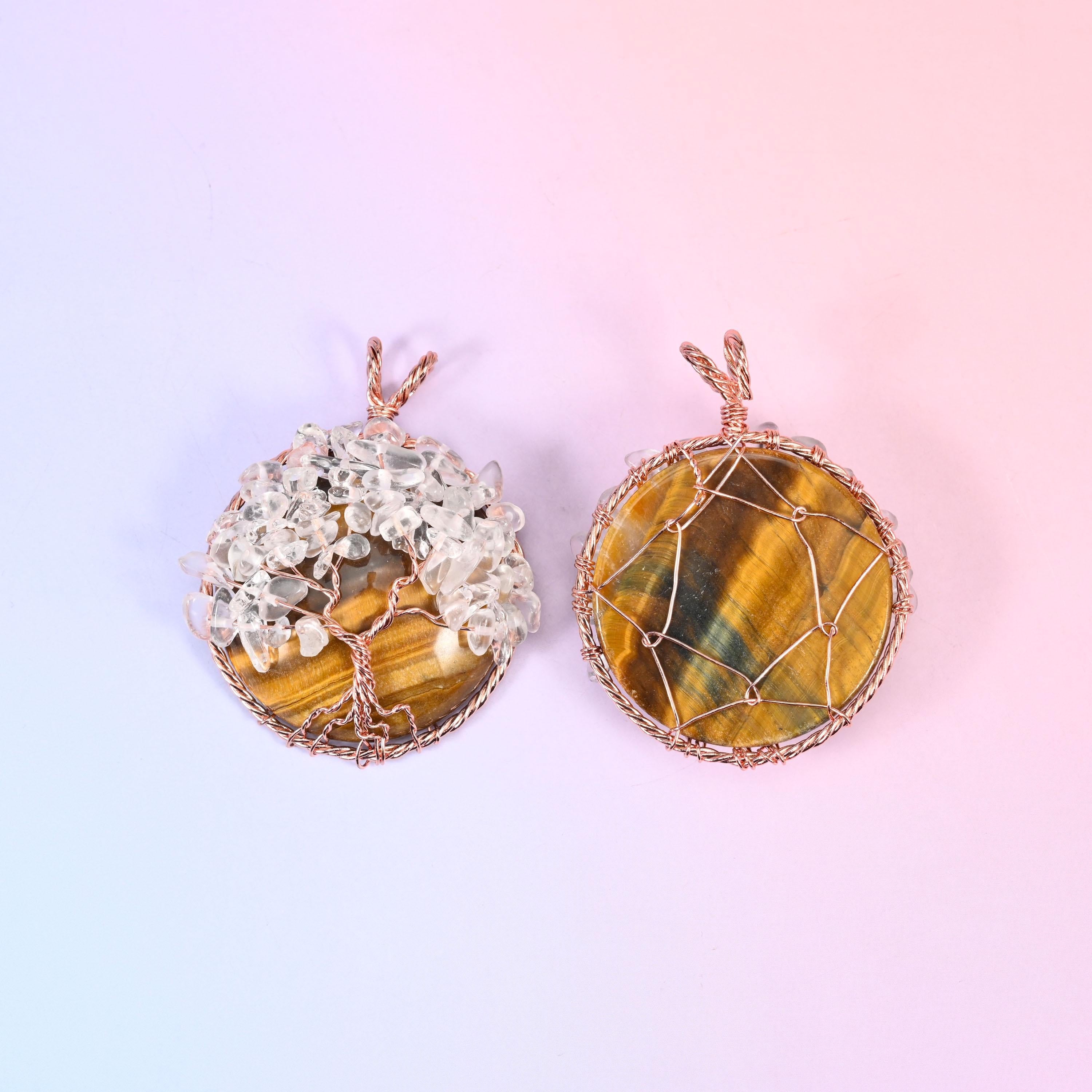 Gemstone Round Pendant with Copper Wired Tree of Life, approximately 14.39mm thick
