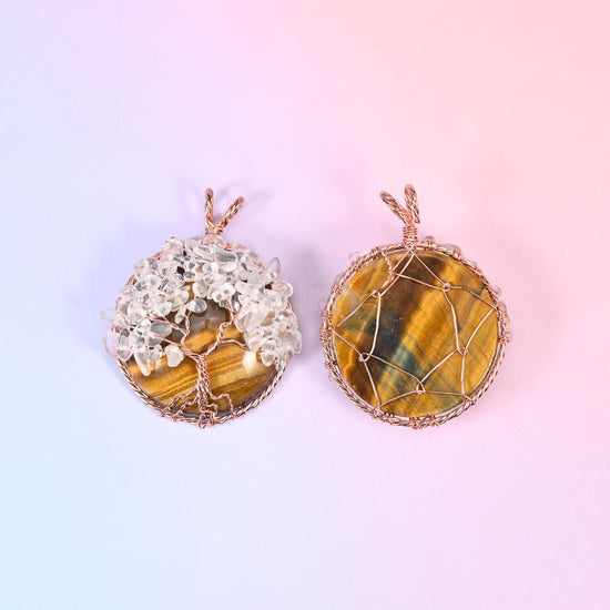 Gemstone Round Pendant with Copper Wired Tree of Life, approximately 14.39mm thick
