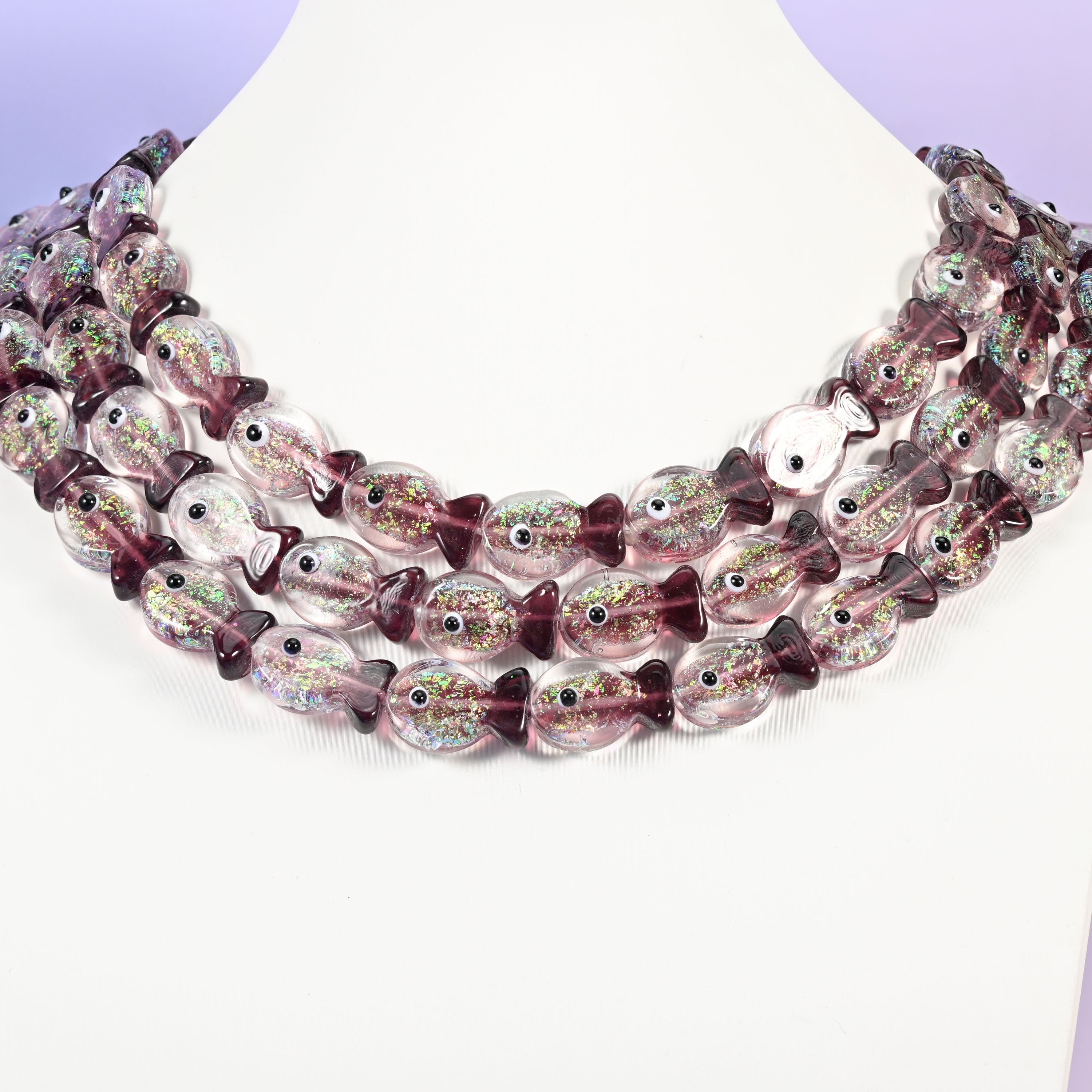 Purple fish glass beads, 19x12mm