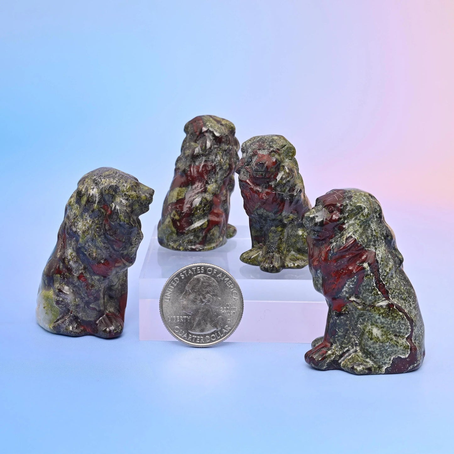 Natural gemstone lion carving for desk, shelf or cabinet display.