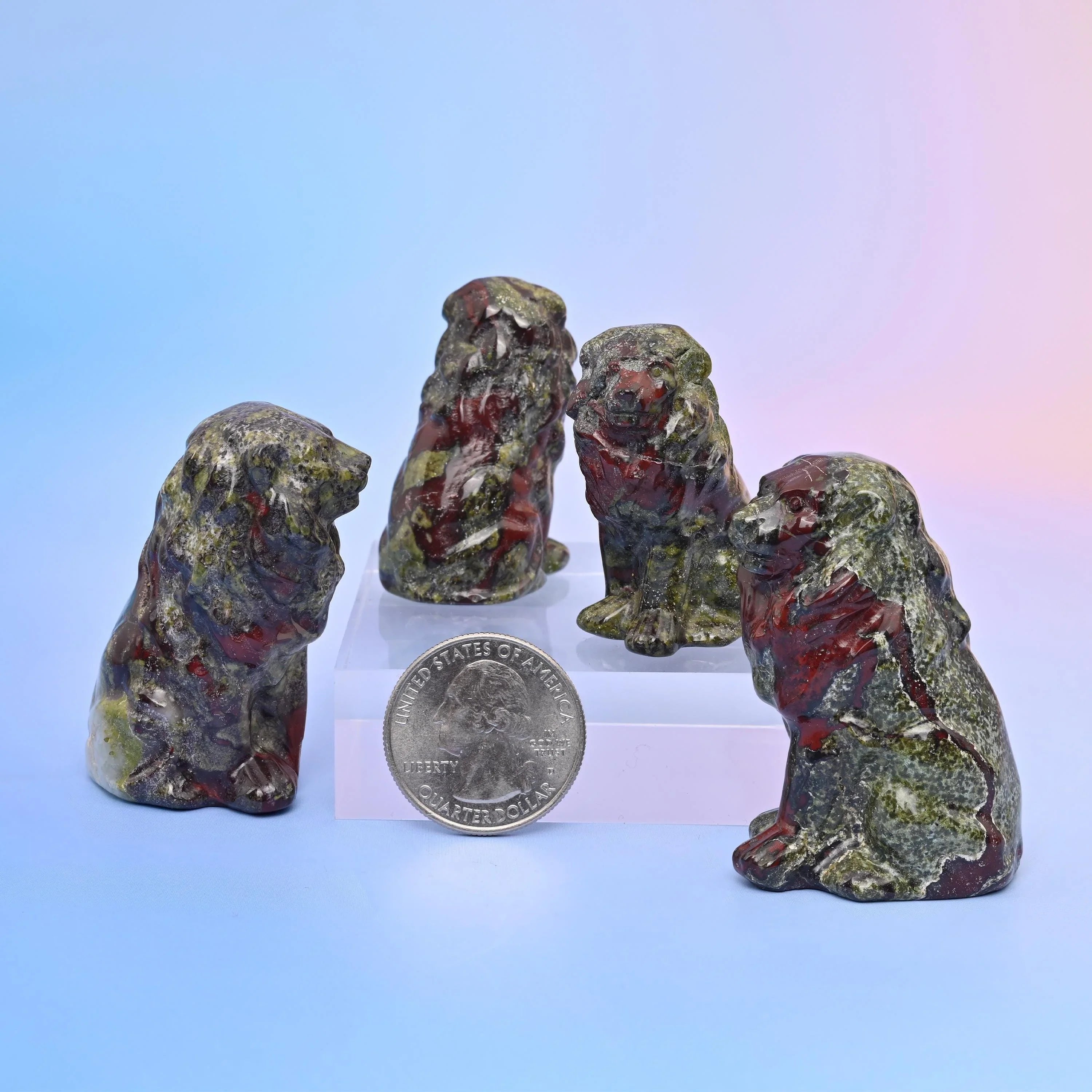 Natural gemstone lion carving for desk, shelf or cabinet display.