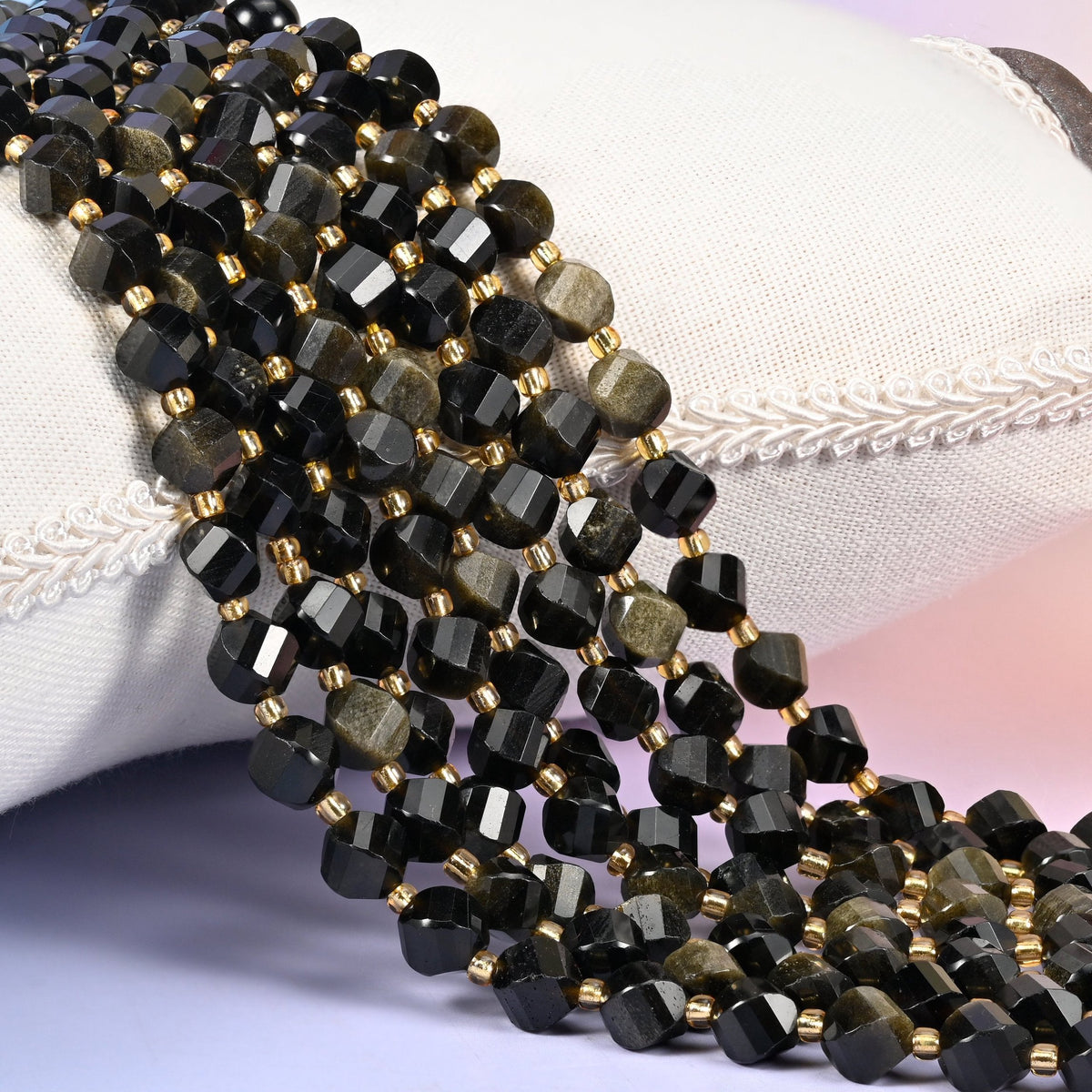 Gold Obsidian faceted spiral twist beads