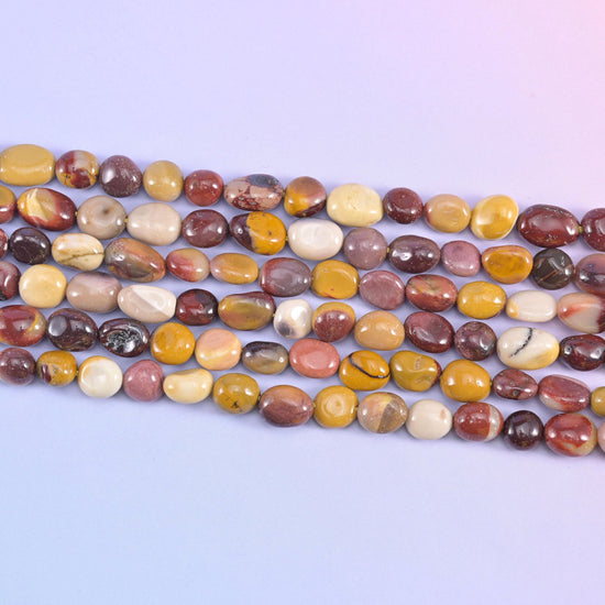 Mookaite Pebble Nugget Beads in mustard yellow, cream and plum-burgundy tones