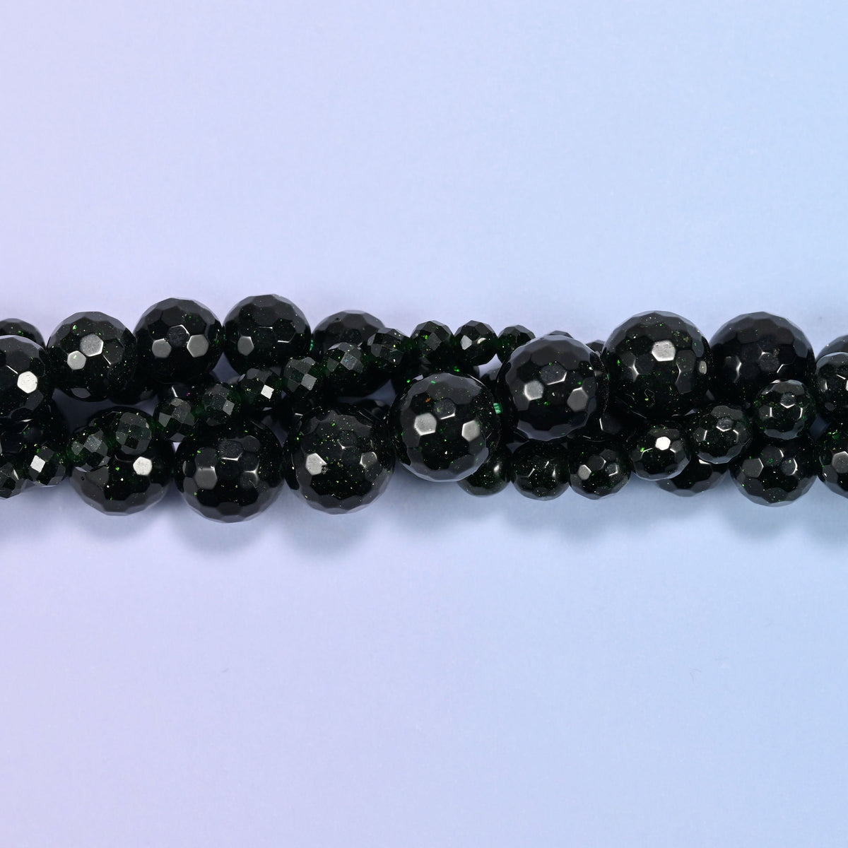 Green Sandstone Faceted Round Beads, deep bottle-green man-made glass with dense copper glitter suspended inside