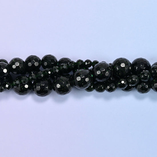 Green Sandstone Faceted Round Beads, deep bottle-green man-made glass with dense copper glitter suspended inside