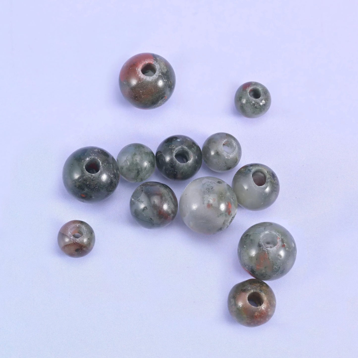 African Bloodstone Large Hole Round Beads 6mm 8mm 10mm in sage grey-green with brick red flecks and cream patches