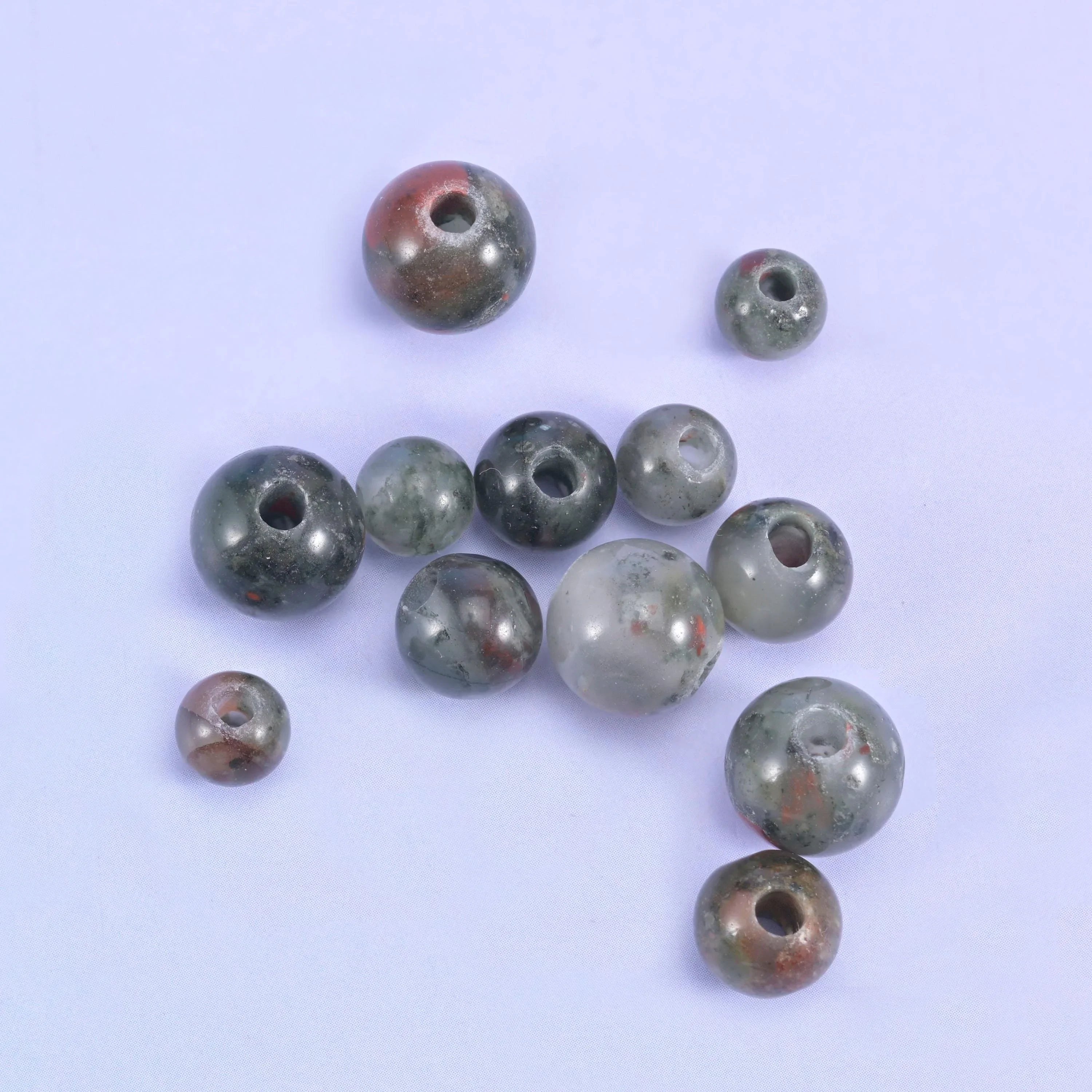 African Bloodstone Large Hole Round Beads 6mm 8mm 10mm in sage grey-green with brick red flecks and cream patches
