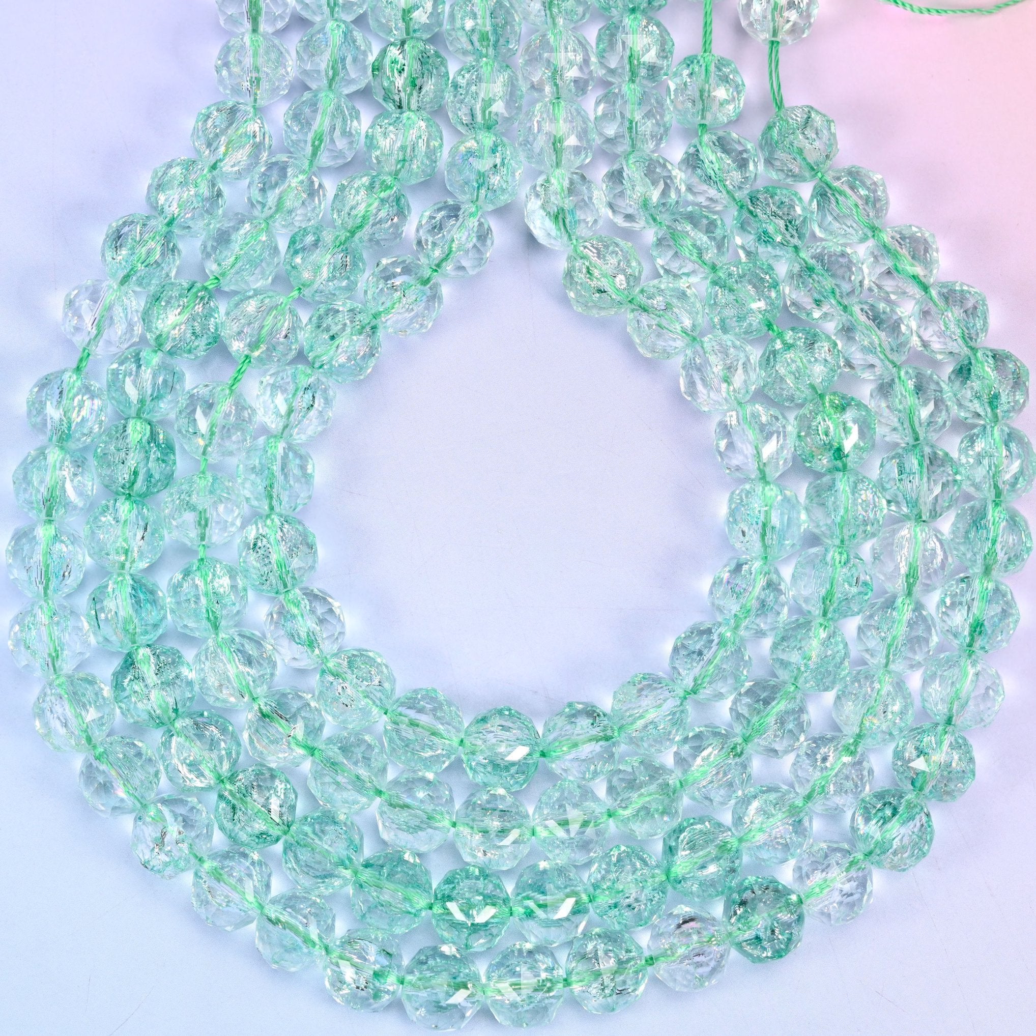 Transparent green faceted round glass beads, hole approximately 1.5mm