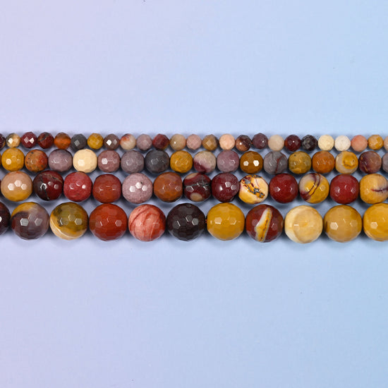 Mookaite Faceted Round Beads in mustard yellow, brick red and plum
