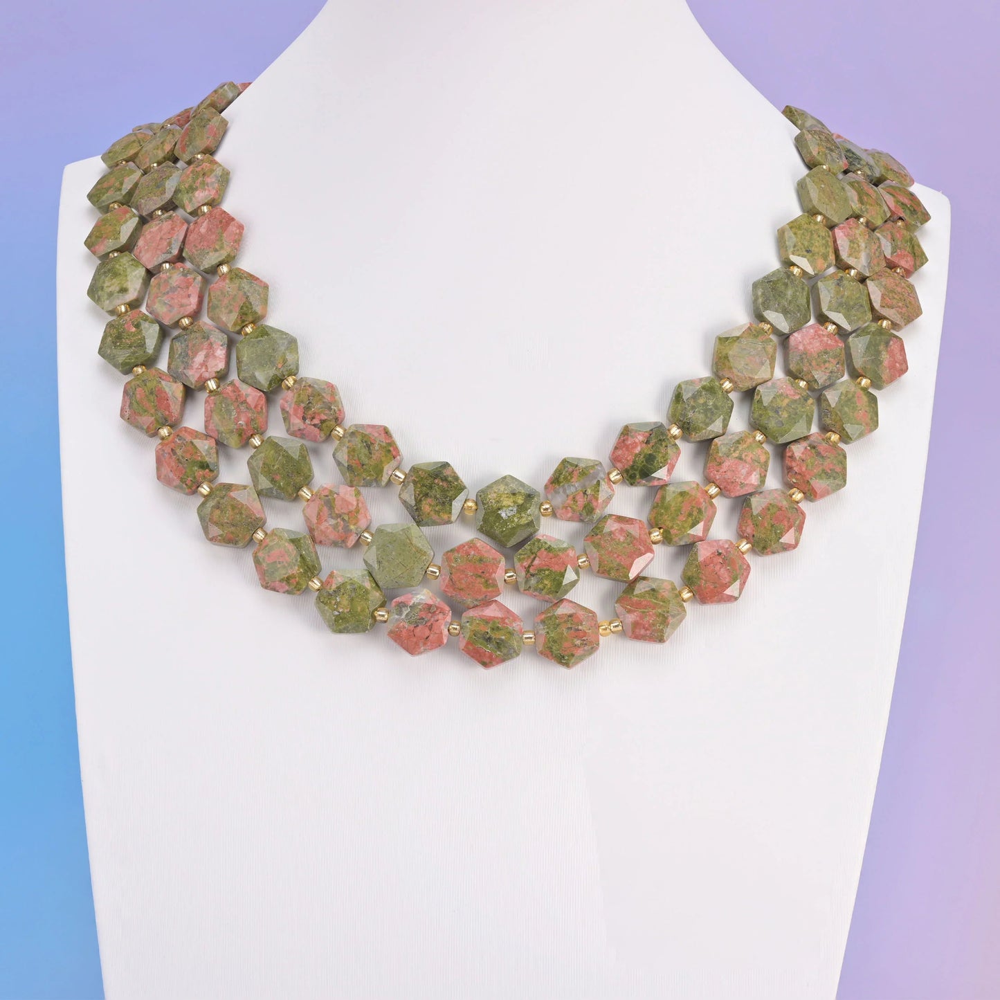 Unakite beads, flat hexagon shape, 12mm.