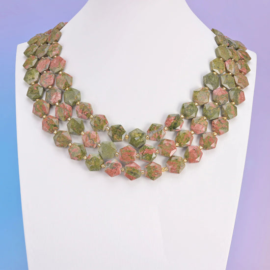 Unakite beads, flat hexagon shape, 12mm.