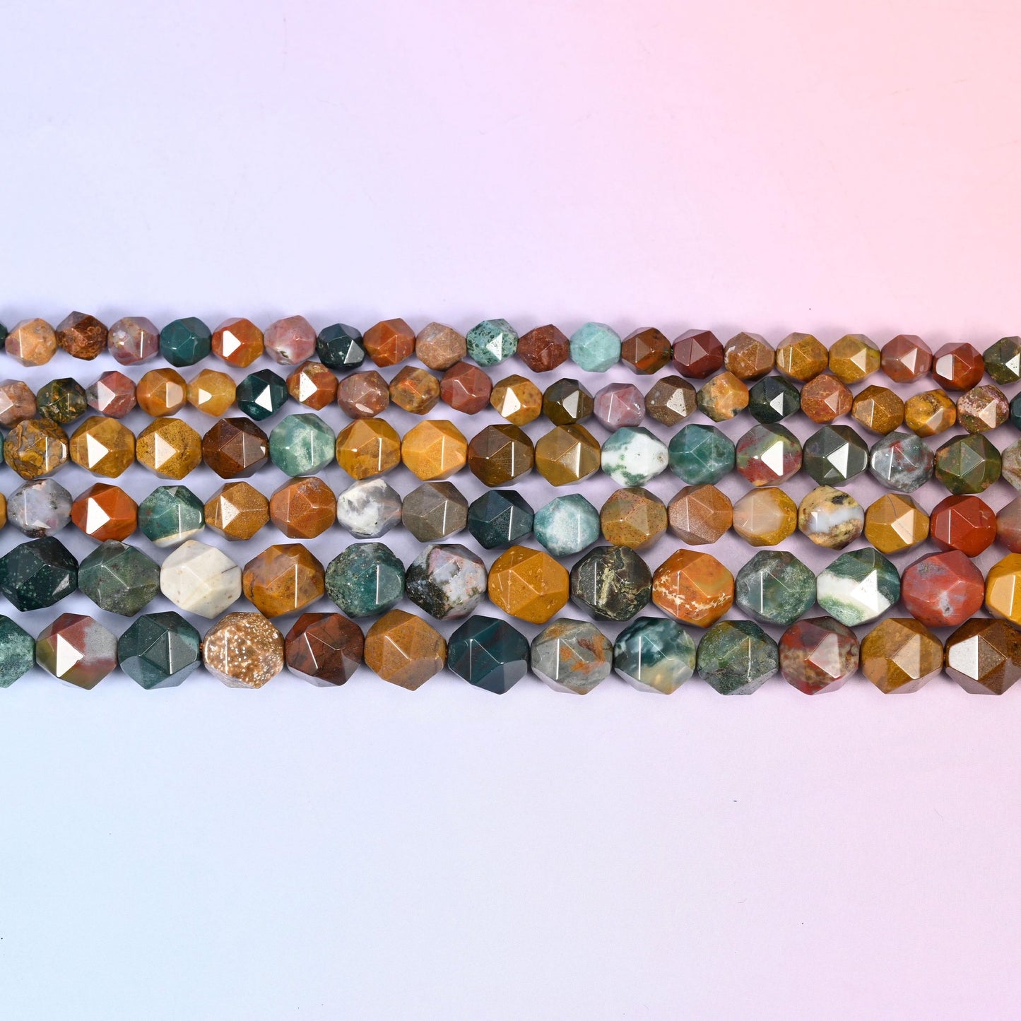 Ocean Agate Faceted Diamond Star Cut Beads in teal, sea green, mustard ochre, brick red and plum