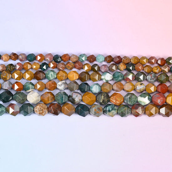 Ocean Agate Faceted Diamond Star Cut Beads in teal, sea green, mustard ochre, brick red and plum