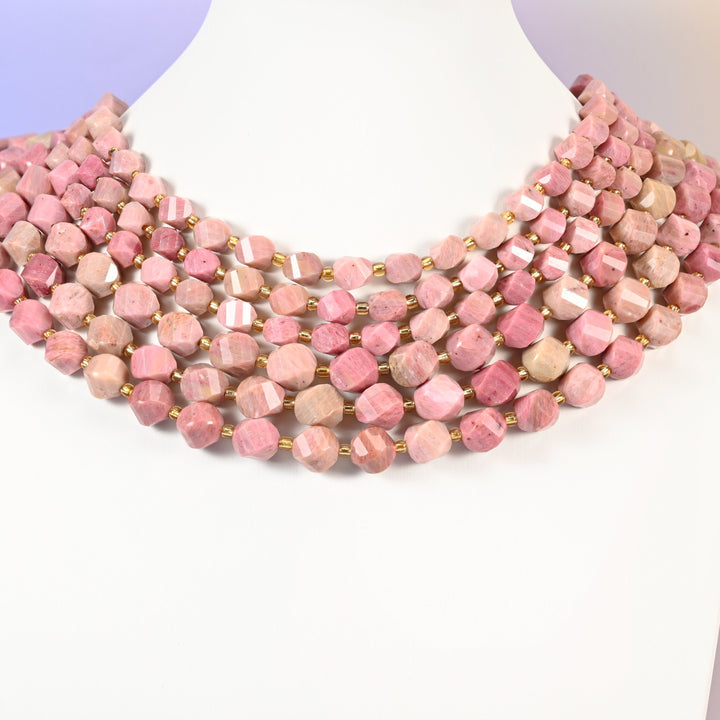 Pink Rhodonite beads, faceted spiral twist, 8mm 10mm