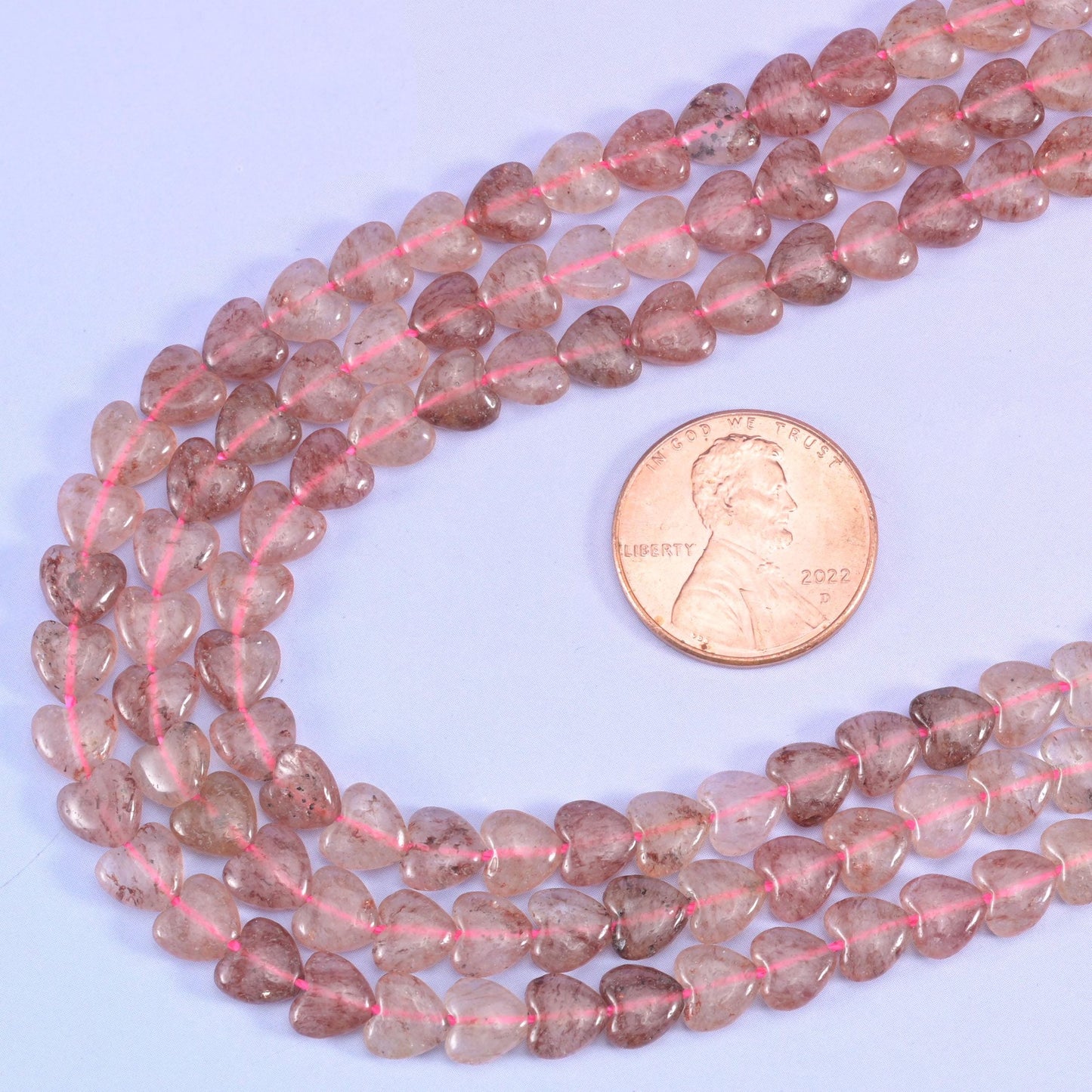 Strawberry Quartz Heart Beads, 15 inch strand