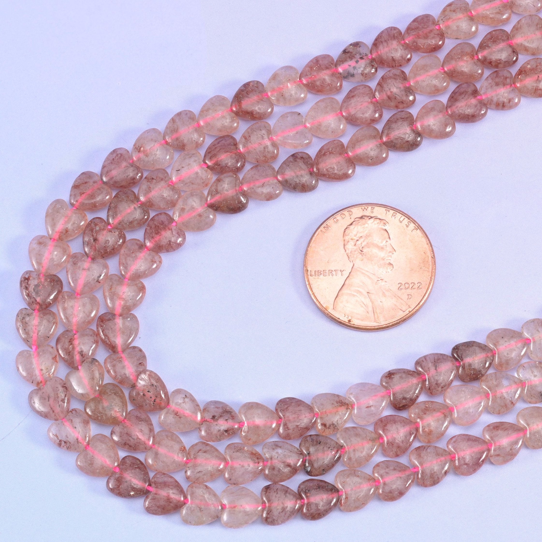 Strawberry Quartz Heart Beads, 15 inch strand