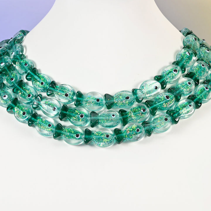 Sea green fish glass beads, 19x12mm