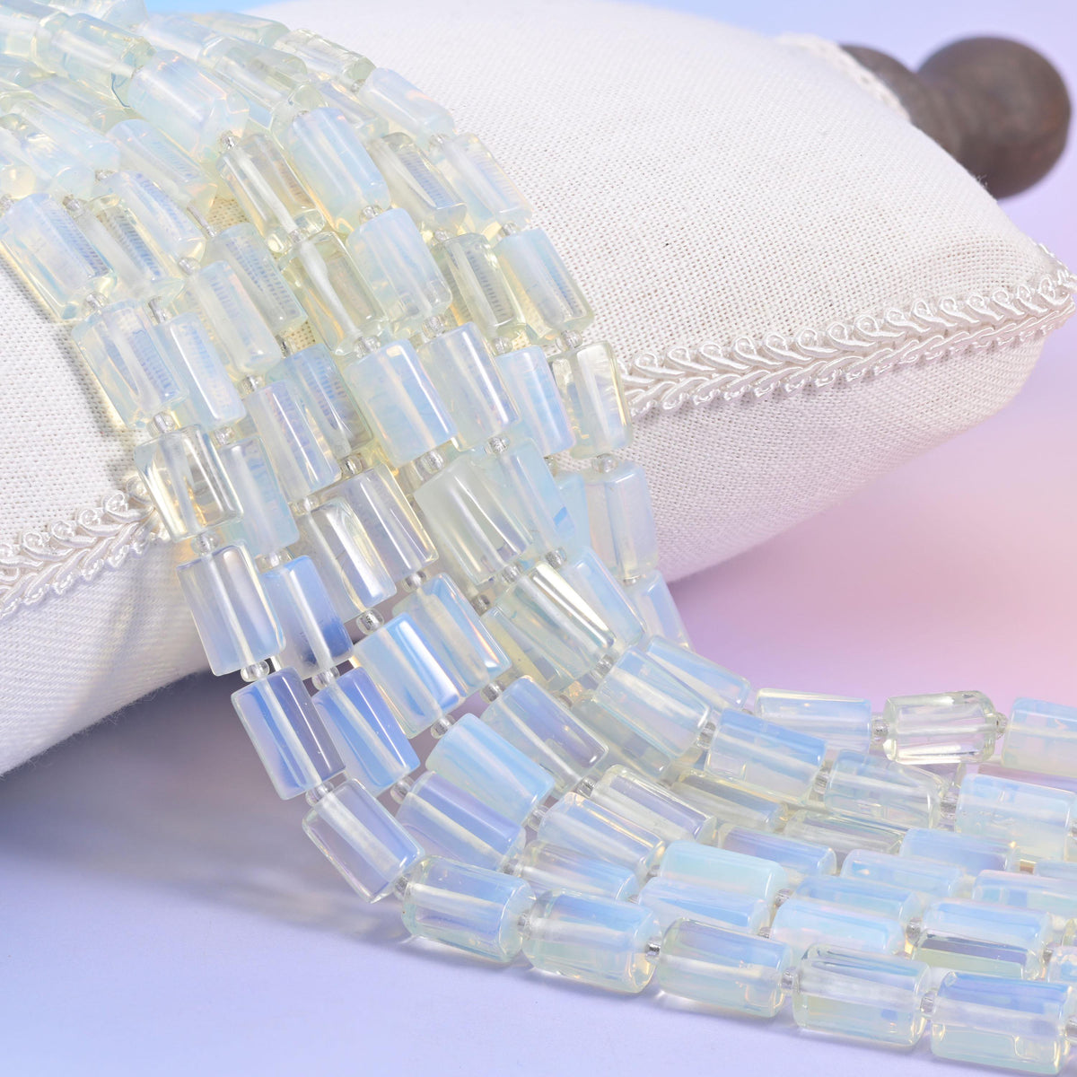 Opalite faceted tube cylinder beads, soft milky glow with a sleek modern shape