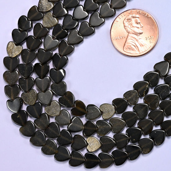 Flat heart cut gold obsidian beads