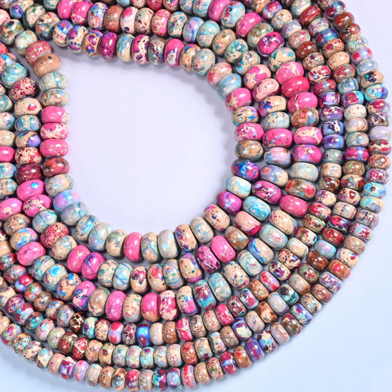 Purple Dyed Sea Sediment Jasper Rondelle Beads, Multicolor Gemstone, 4x6mm 5x8mm, 15 Inch Strand