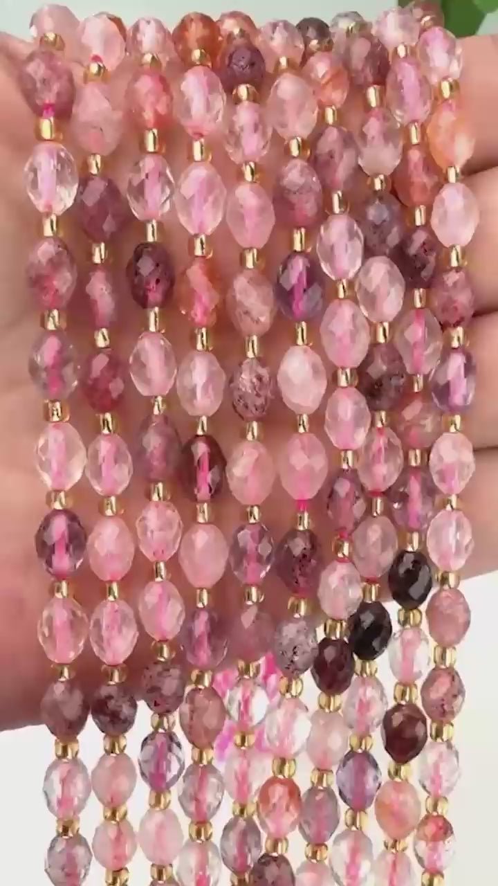 Strawberry Phantom Quartz Faceted Rice Barrel Beads, approximately 39 beads per strand