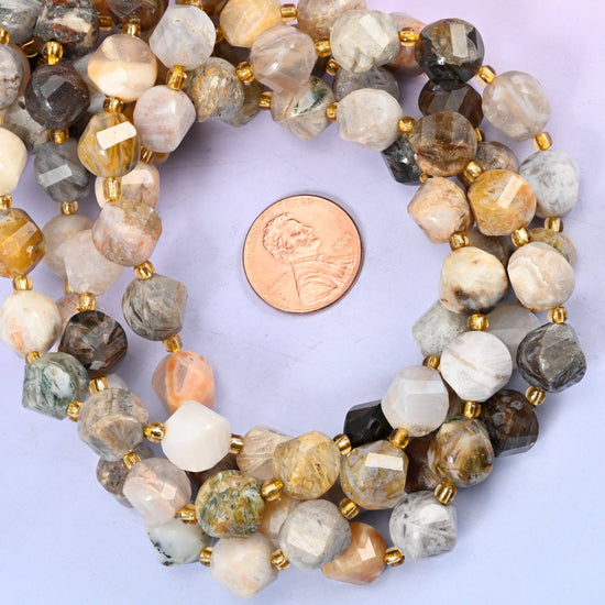 Bamboo Agate natural stone beads, 10mm spiral twist beads with colour variation from bead to bead