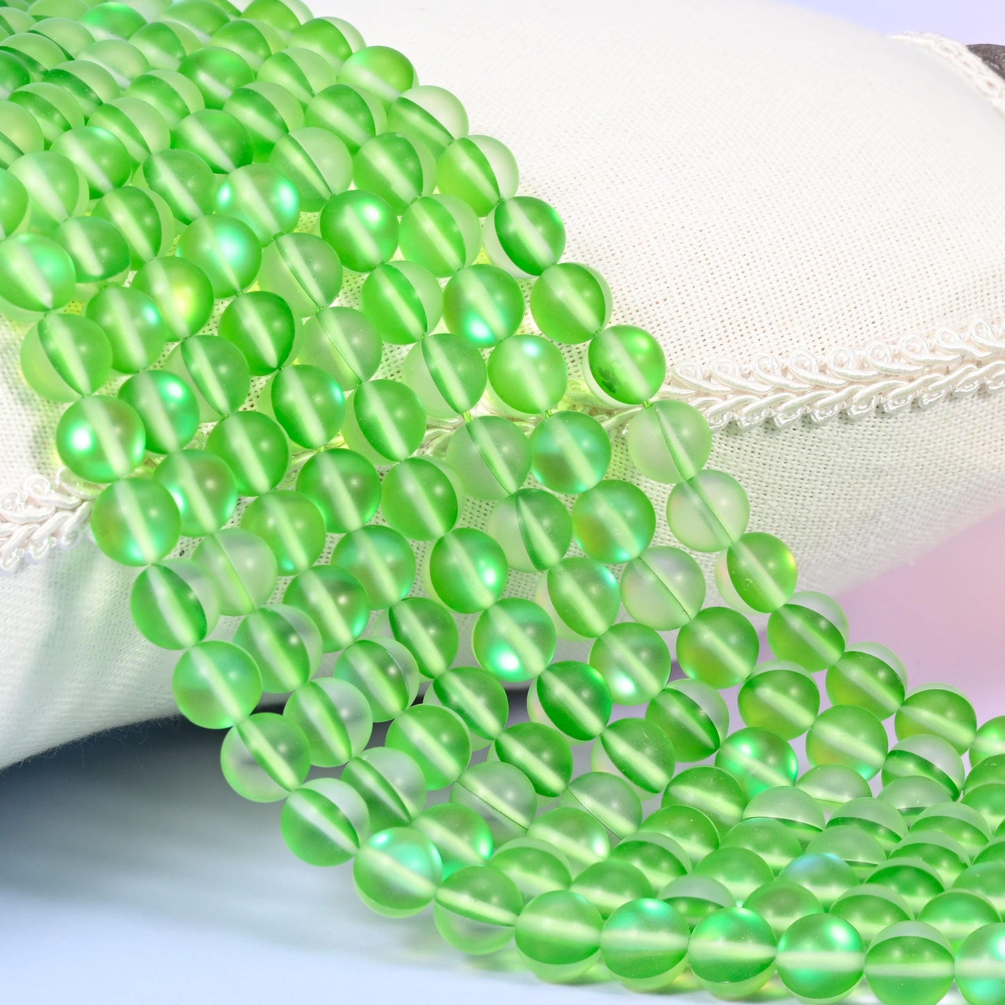 Iridescent Matte Green Round Glass Beads for jewelry making