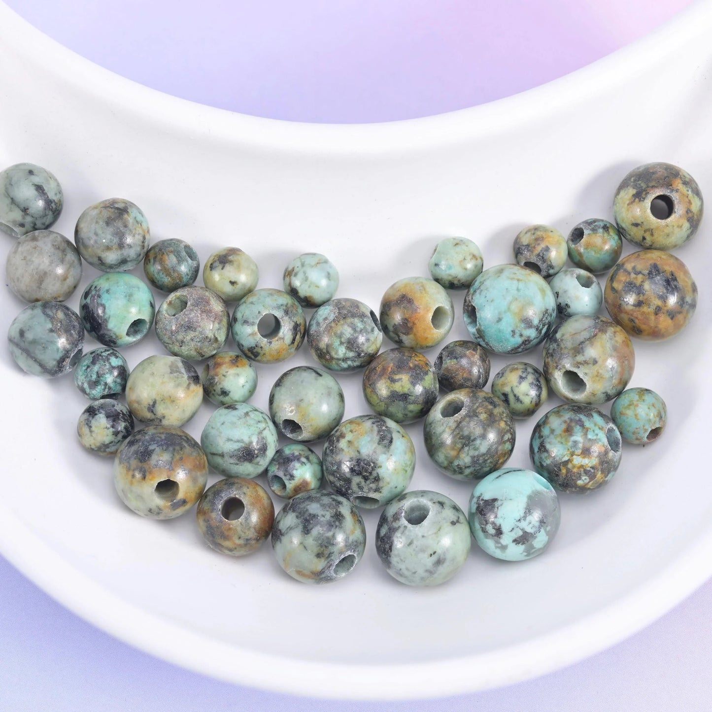 African Howlite Large Hole Round Beads 6mm 8mm 10mm in sea green and pale aqua with black and dark brown matrix veining