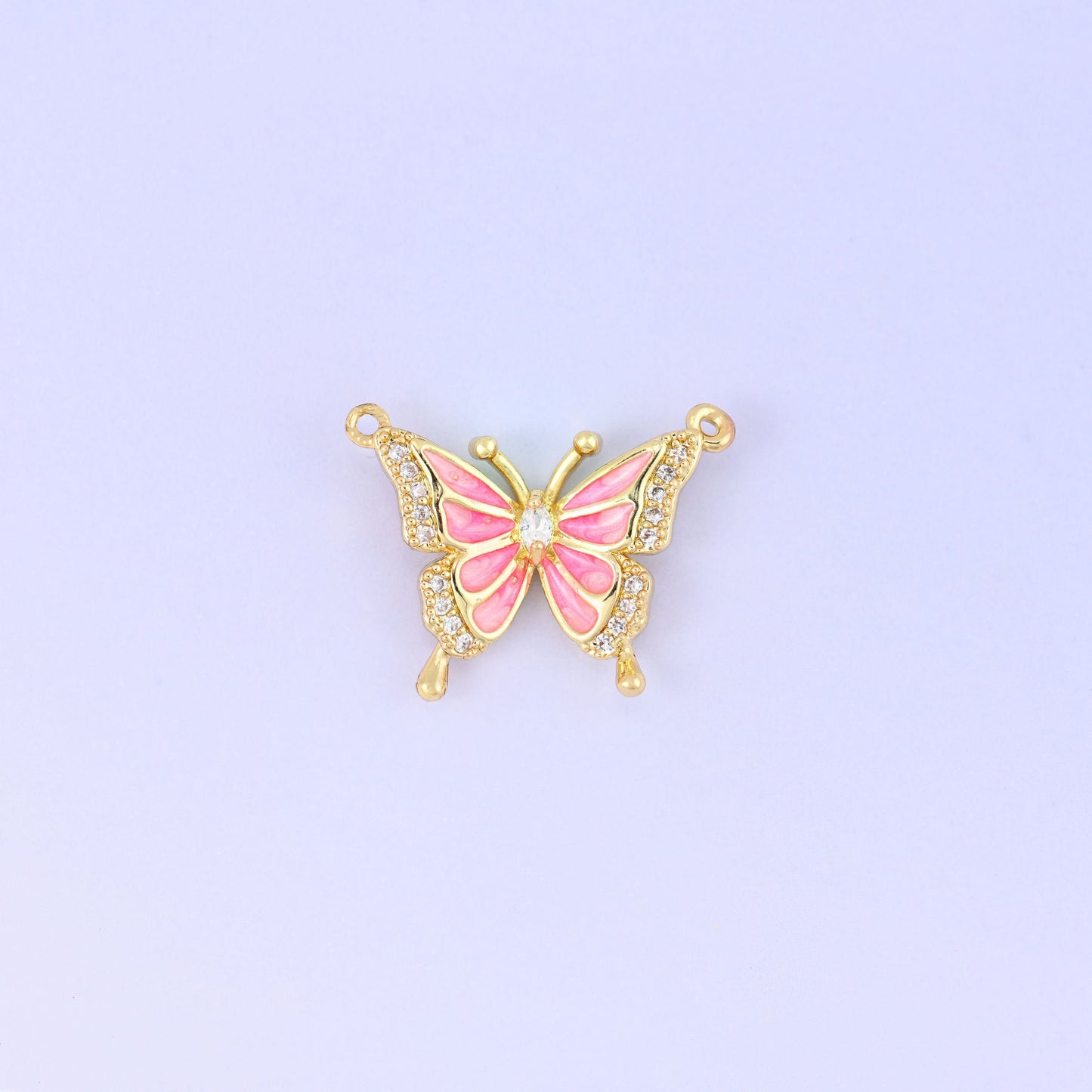 Enamel Pink Butterfly Zircon Pendants, 18K gold plated brass