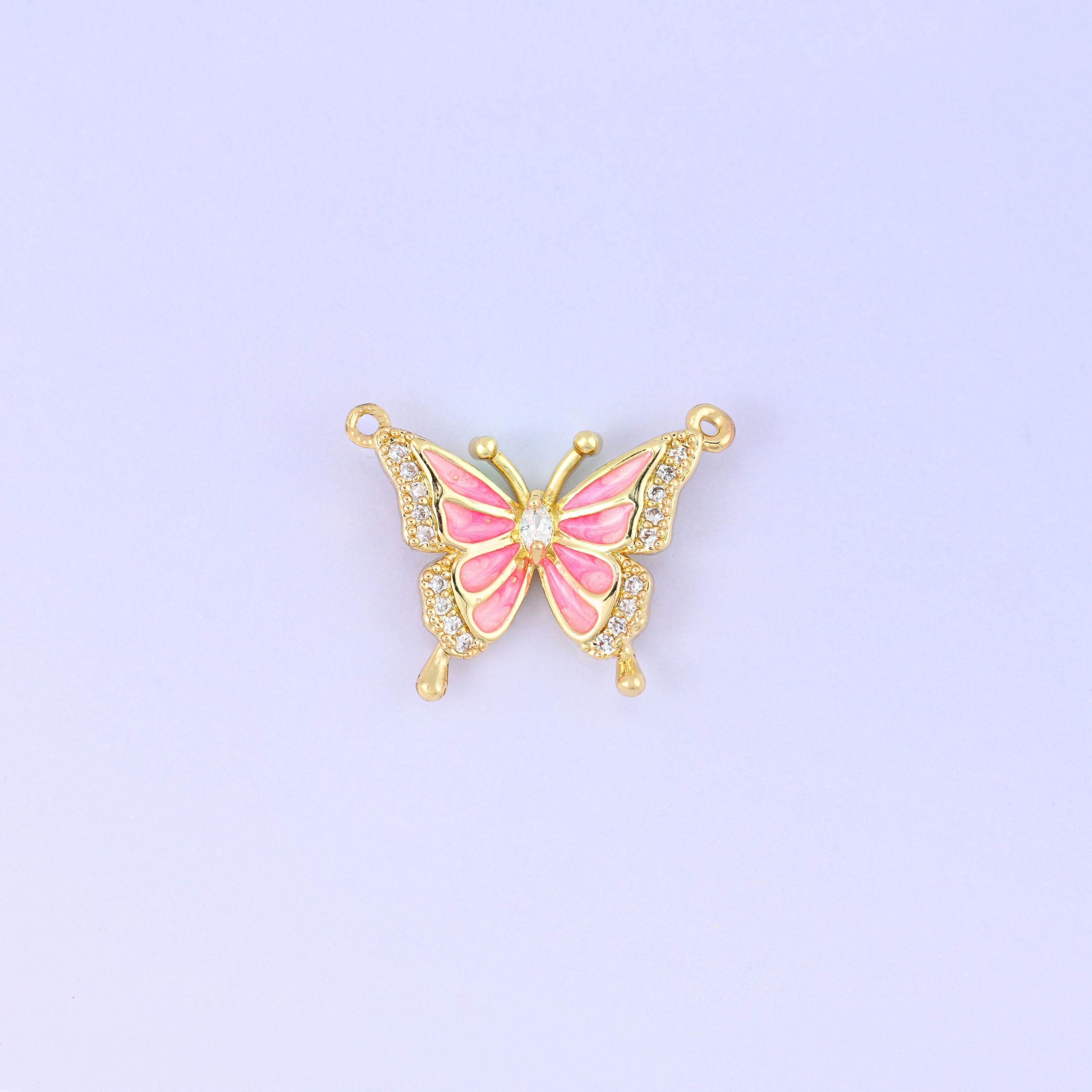 Enamel Pink Butterfly Zircon Pendants, 18K gold plated brass