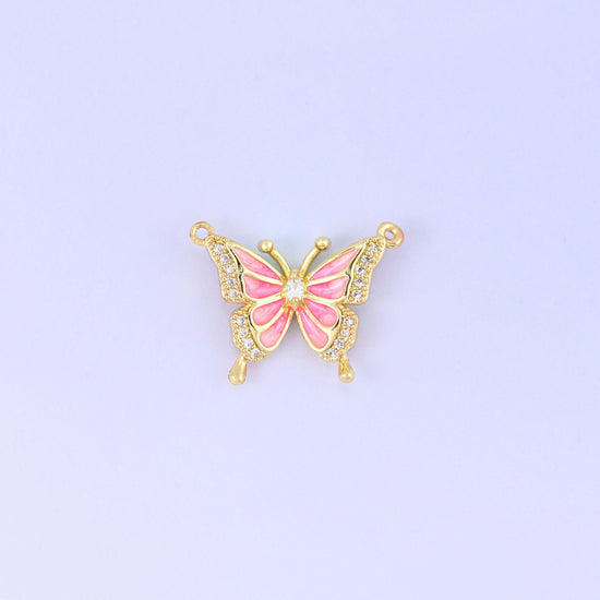 Enamel Pink Butterfly Zircon Pendants, 18K gold plated brass